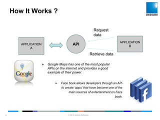 © 2014 Indium Software
ENHANCING SOFTWARE QUALITY
How It Works ?
3
 Google Maps has one of the most popular
APIs on the internet and provides a good
example of their power.
 Face book allows developers through an API
to create ‘apps’ that have become one of the
main sources of entertainment on Face
book.
APPLICATION
BAPIAPPLICATION
A
Request
data
Retrieve data
 