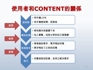 使用者和CONTENT的關係
           • 用手機上FB
     殺時間   • 用手機看新聞、部落格
斷層

           • 將有趣內容截圖下來
     輔助記憶 • 加入書籤，或是分想到自己塗鴉牆
斷層

           • 情境激起需求，需求喚起回憶
     情境需求 • 需求喚起了之前的記憶
斷層

           • 完整抽取回記憶，並用之解決需求
      執行

                               47
 