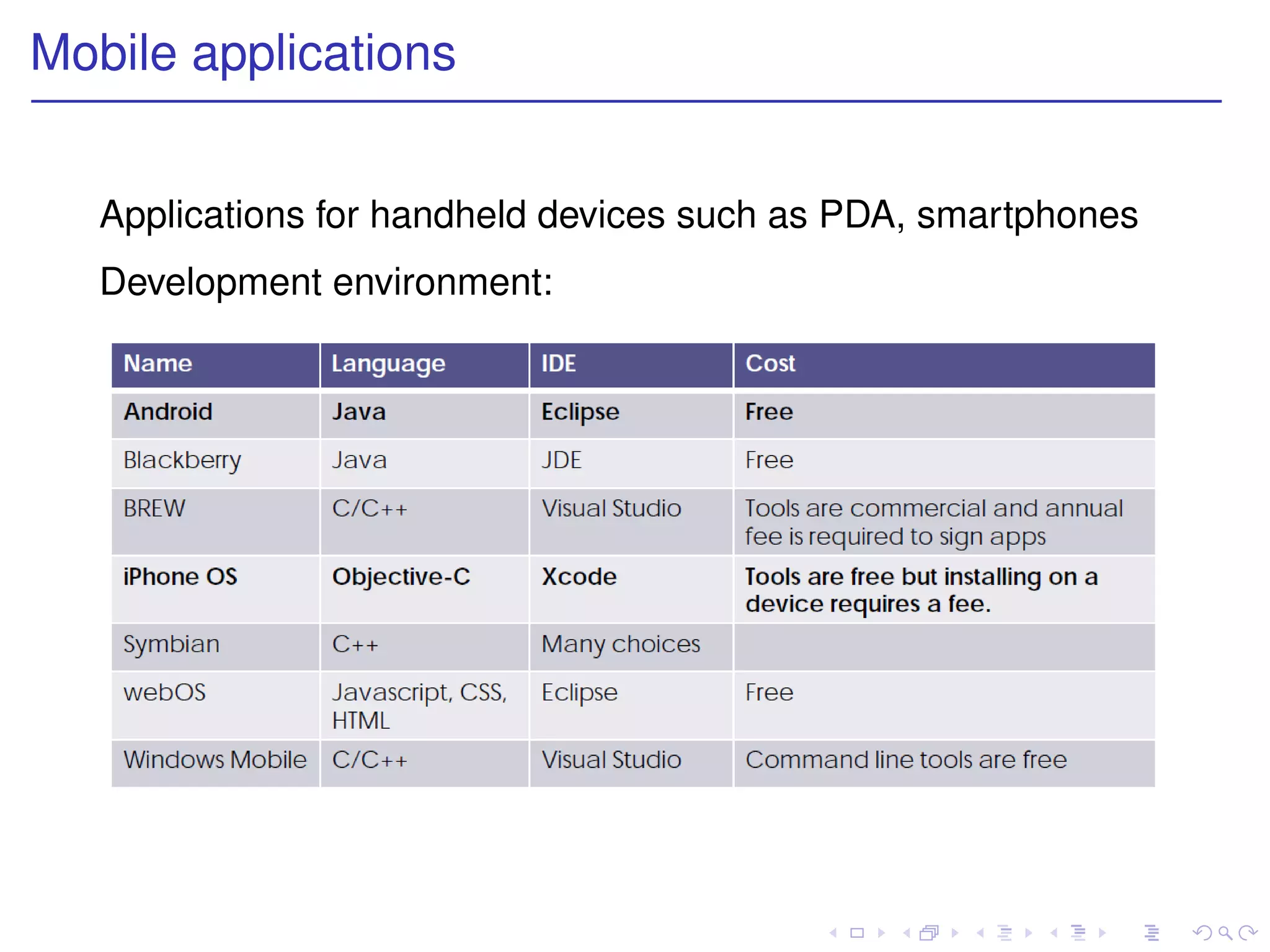Mobile applications


   Applications for handheld devices such as PDA, smartphones
   Development environment:
 