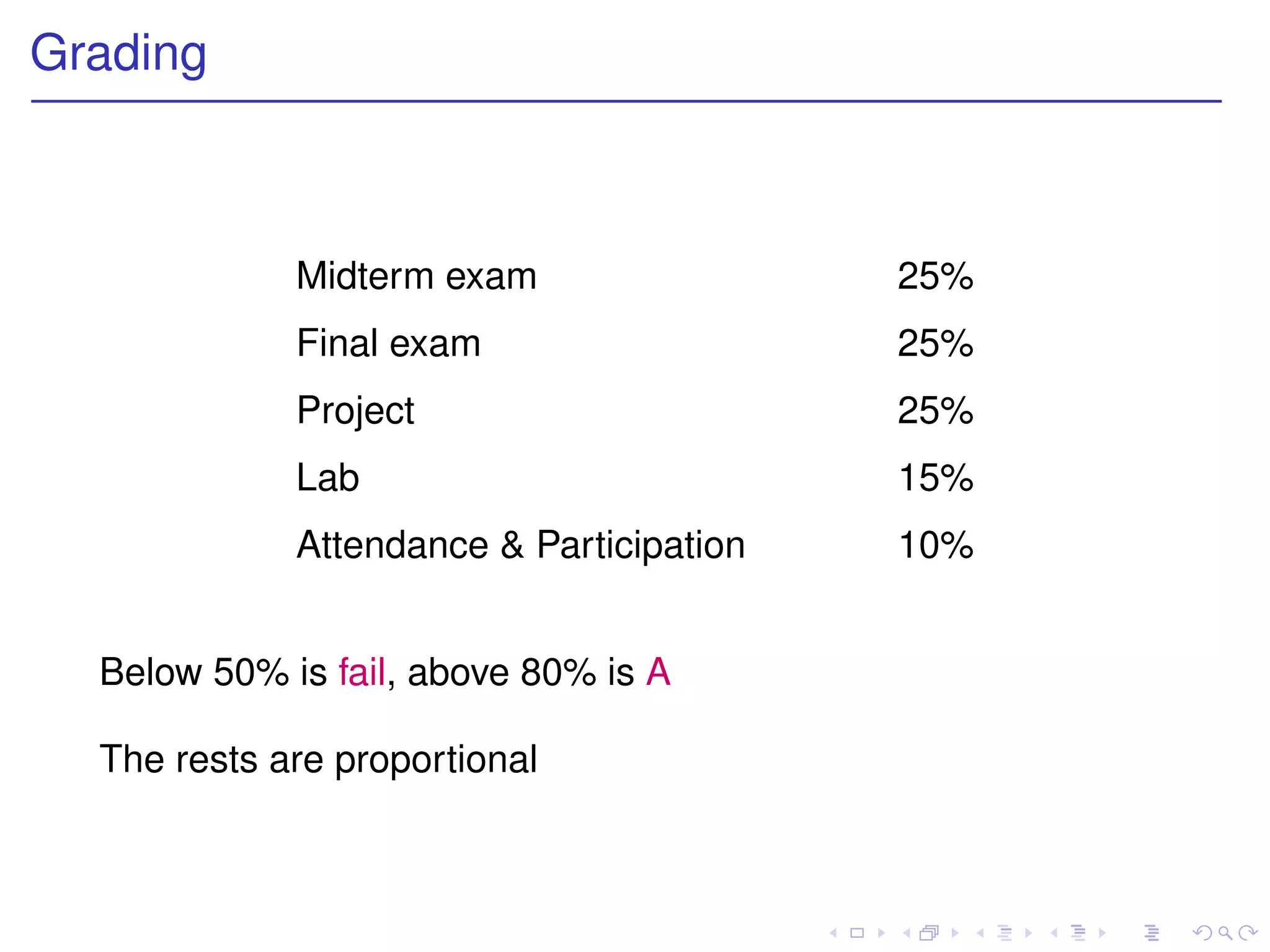 Grading



             Midterm exam                 25%
             Final exam                   25%
             Project                      25%
             Lab                          15%
             Attendance & Participation   10%


  Below 50% is fail, above 80% is A

  The rests are proportional
 