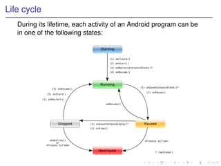 Life cycle
   During its lifetime, each activity of an Android program can be
   in one of the following states:
 