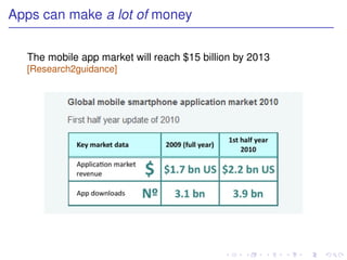 Apps can make a lot of money


  The mobile app market will reach $15 billion by 2013
  [Research2guidance]
 