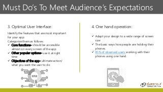 Must Do’s To Meet Audience’s Expectations
2
3
Identify the features that are most important
for your app:
Categorize them ...