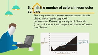 5. Limit the number of colors in your color
scheme
Too many colors in a screen creates screen visually
clutter, which results degrade in
performance. Presenting a analysis of ‘Seconds
(time) to find object’ with respect to ‘Number of colors
used’ below,
 