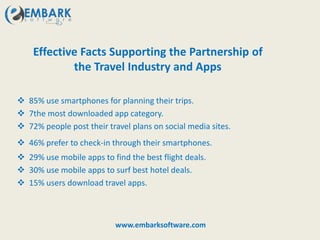 Effective Facts Supporting the Partnership of
the Travel Industry and Apps
 85% use smartphones for planning their trips.
 7the most downloaded app category.
 72% people post their travel plans on social media sites.
 46% prefer to check-in through their smartphones.
 29% use mobile apps to find the best flight deals.
 30% use mobile apps to surf best hotel deals.
 15% users download travel apps.
www.embarksoftware.com
 
