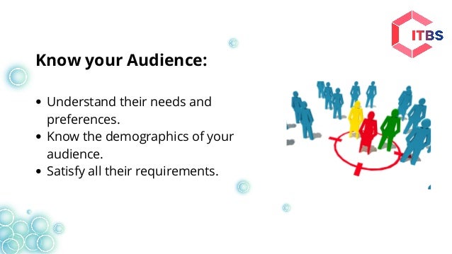 Know your Audience:
Understand their needs and
preferences.
Know the demographics of your
audience.
Satisfy all their requirements.
 