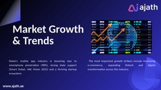 Dubai's mobile app industry is booming due to
smartphone penetration (98%), strong state support
(Smart Dubai, VAE Vision 2031) and a thriving startup
ecosystem.
Market Growth
& Trends
The most important growth strikers include increasing
e-commerce, expanding fintech and digital
transformation across the industry.
www.ajath.ae
 