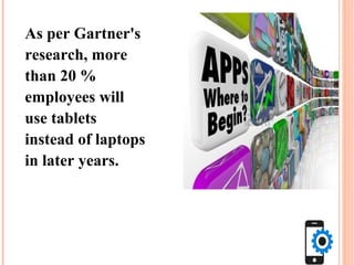 As per Gartner's
research, more
than 20 %
employees will
use tablets
instead of laptops
in later years.
 