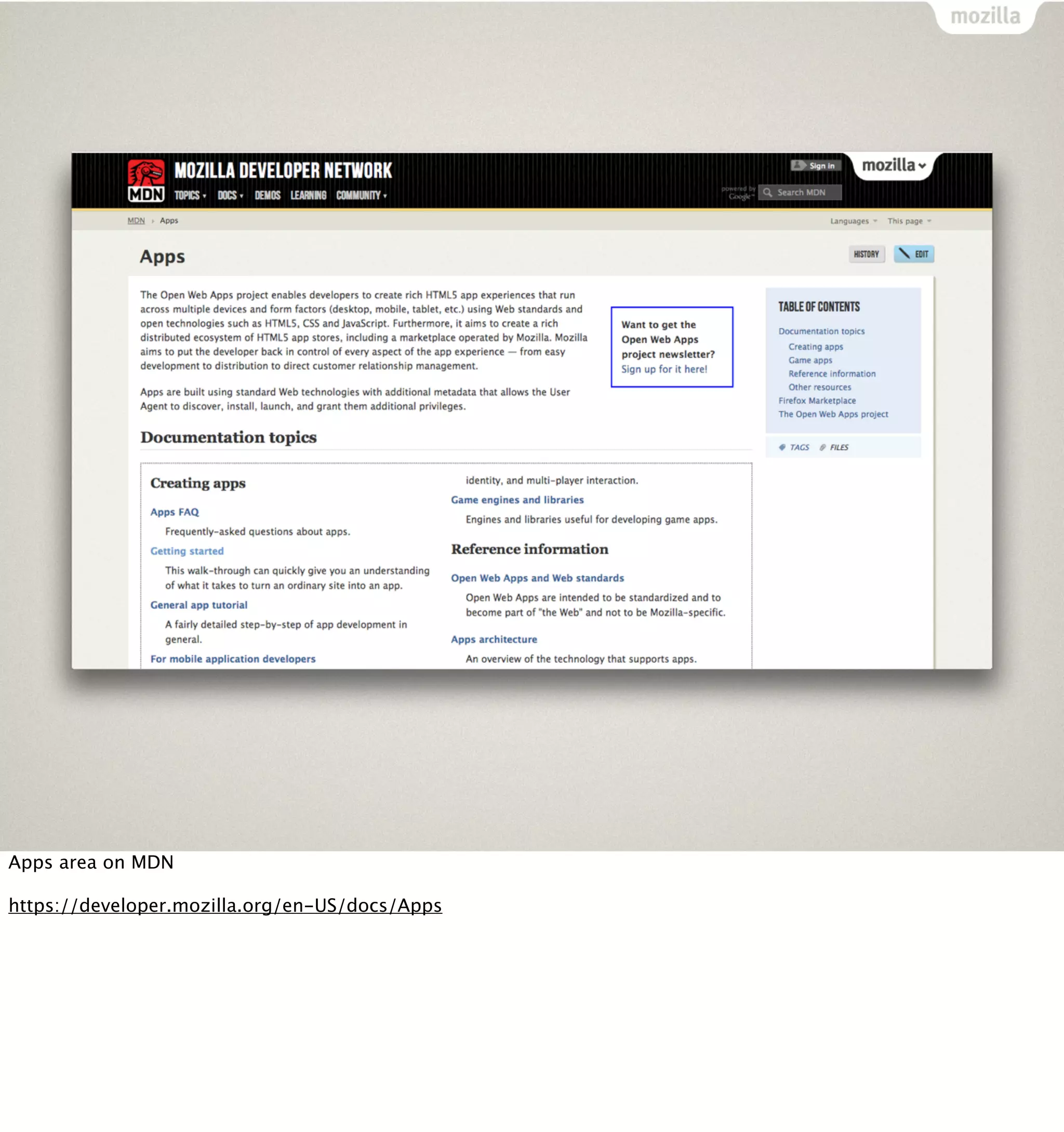 Apps area on MDN

https://developer.mozilla.org/en-US/docs/Apps
 