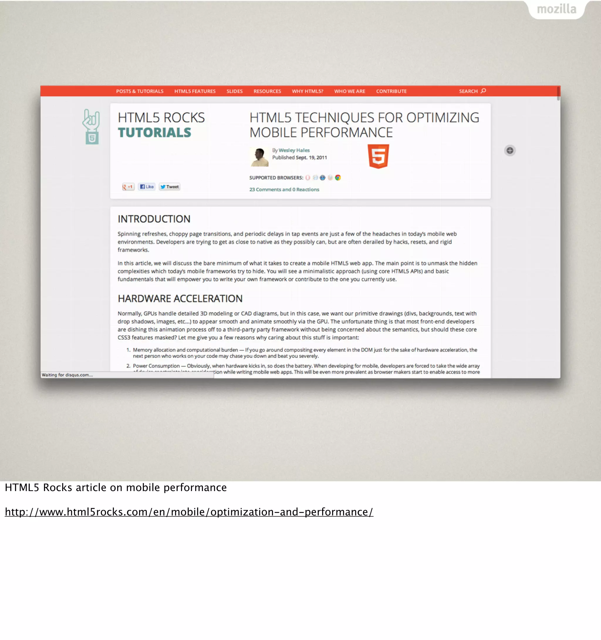 HTML5 Rocks article on mobile performance

http://www.html5rocks.com/en/mobile/optimization-and-performance/
 