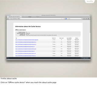 Firefox about:cache

Click on “Offline cache device” when you reach the about:cache page
 