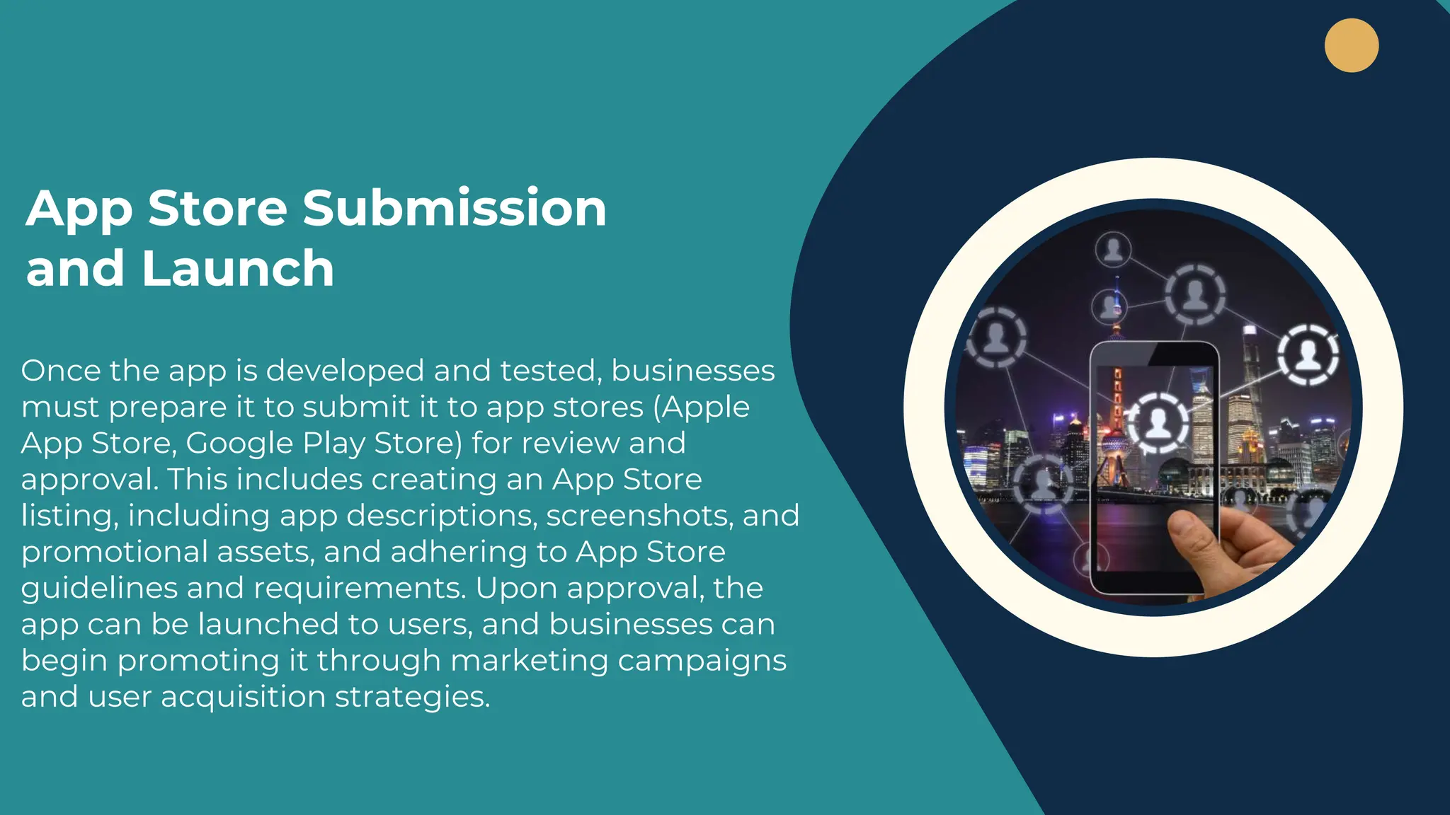 Once the app is developed and tested, businesses
must prepare it to submit it to app stores (Apple
App Store, Google Play Store) for review and
approval. This includes creating an App Store
listing, including app descriptions, screenshots, and
promotional assets, and adhering to App Store
guidelines and requirements. Upon approval, the
app can be launched to users, and businesses can
begin promoting it through marketing campaigns
and user acquisition strategies.
App Store Submission
and Launch
 