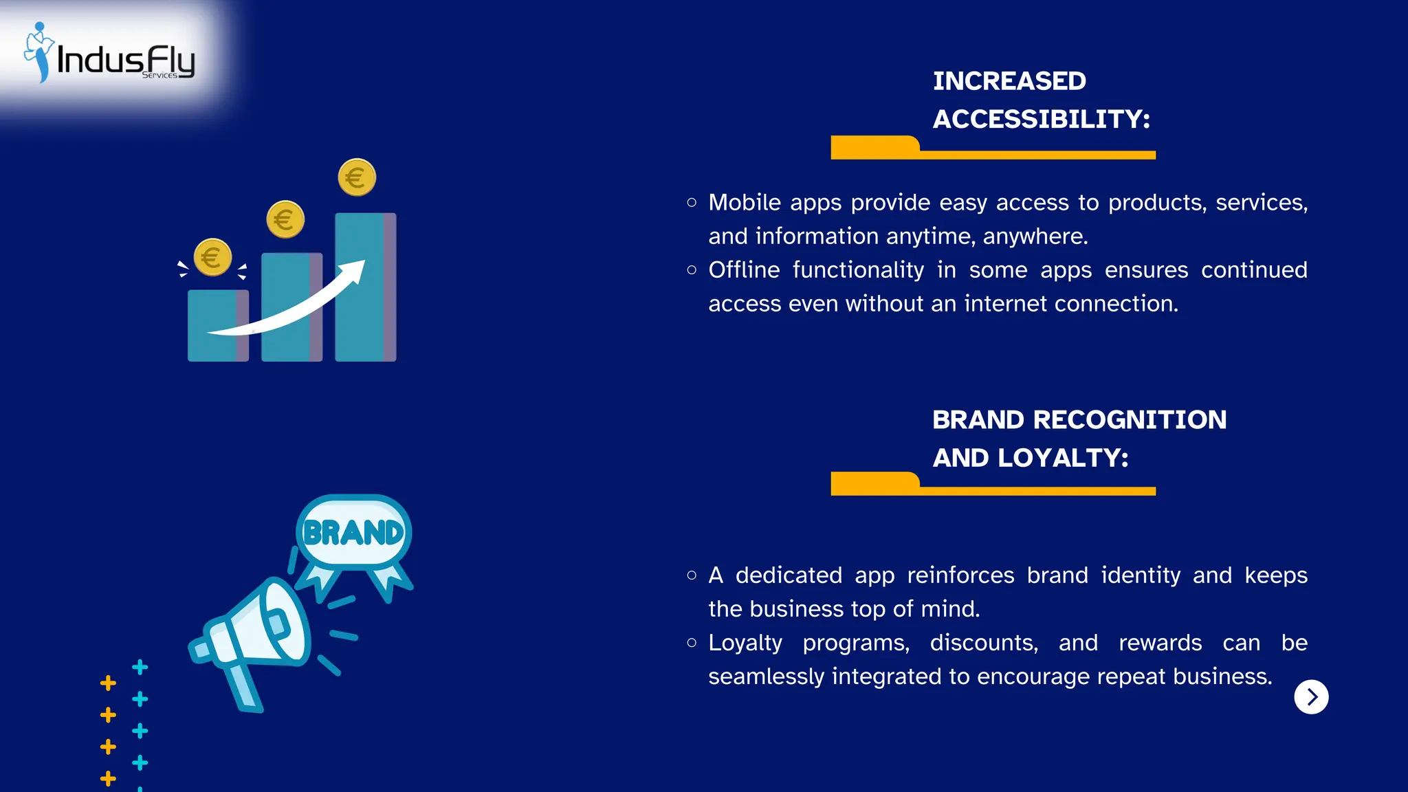 A dedicated app reinforces brand identity and keeps
the business top of mind.
Loyalty programs, discounts, and rewards can be
seamlessly integrated to encourage repeat business.
INCREASED
ACCESSIBILITY:
BRAND RECOGNITION
AND LOYALTY:
Mobile apps provide easy access to products, services,
and information anytime, anywhere.
Offline functionality in some apps ensures continued
access even without an internet connection.
 