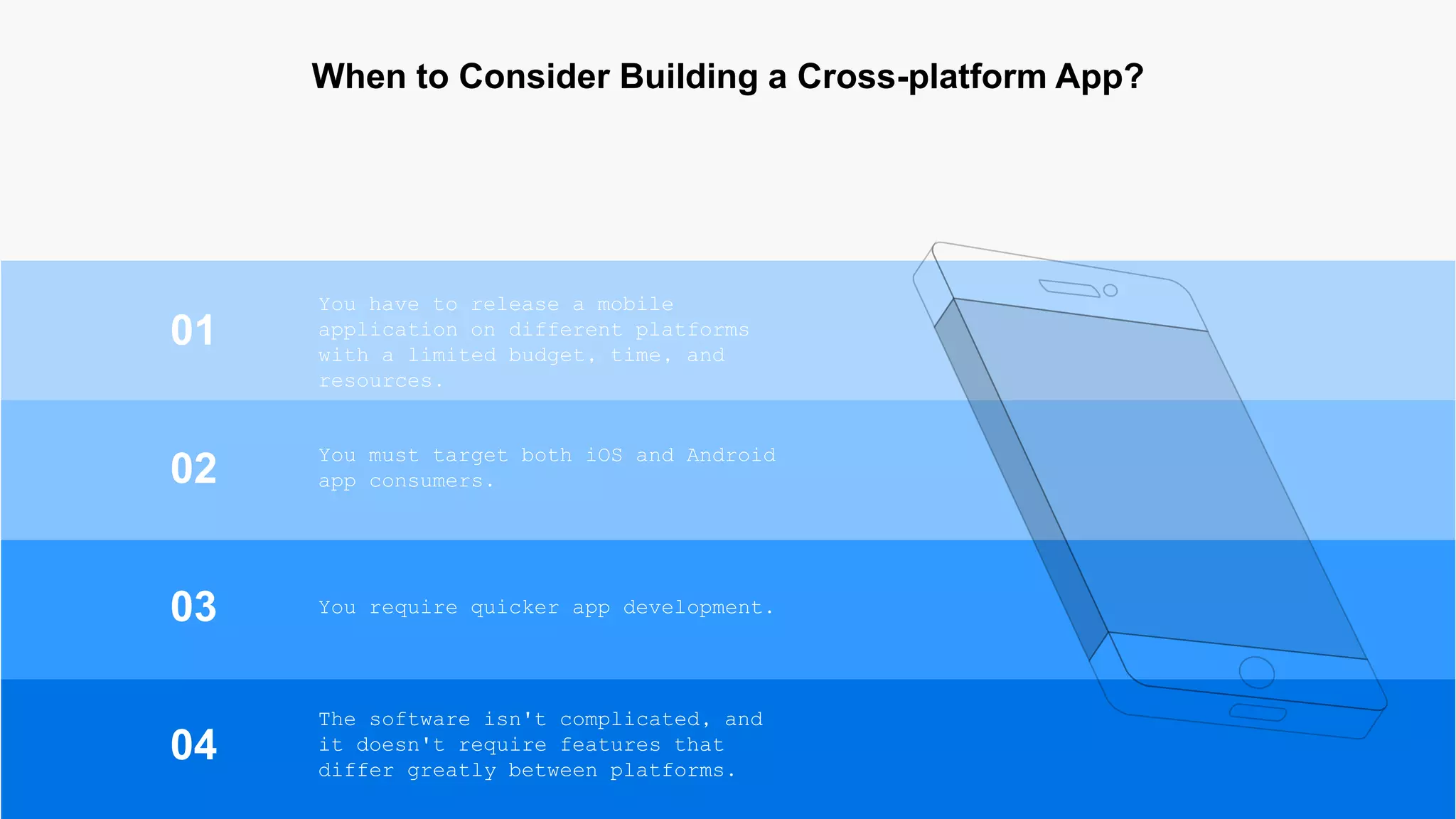 01
02
03
04
You have to release a mobile
application on different platforms
with a limited budget, time, and
resources.
When to Consider Building a Cross-platform App?
You must target both iOS and Android
app consumers.
You require quicker app development.
The software isn't complicated, and
it doesn't require features that
differ greatly between platforms.
 