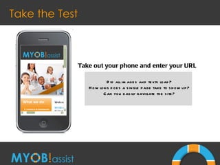 Take the Test Did all images and texts load? How long does a single page take to show up? Can you easily navigate the site? Take out your phone and enter your URL 