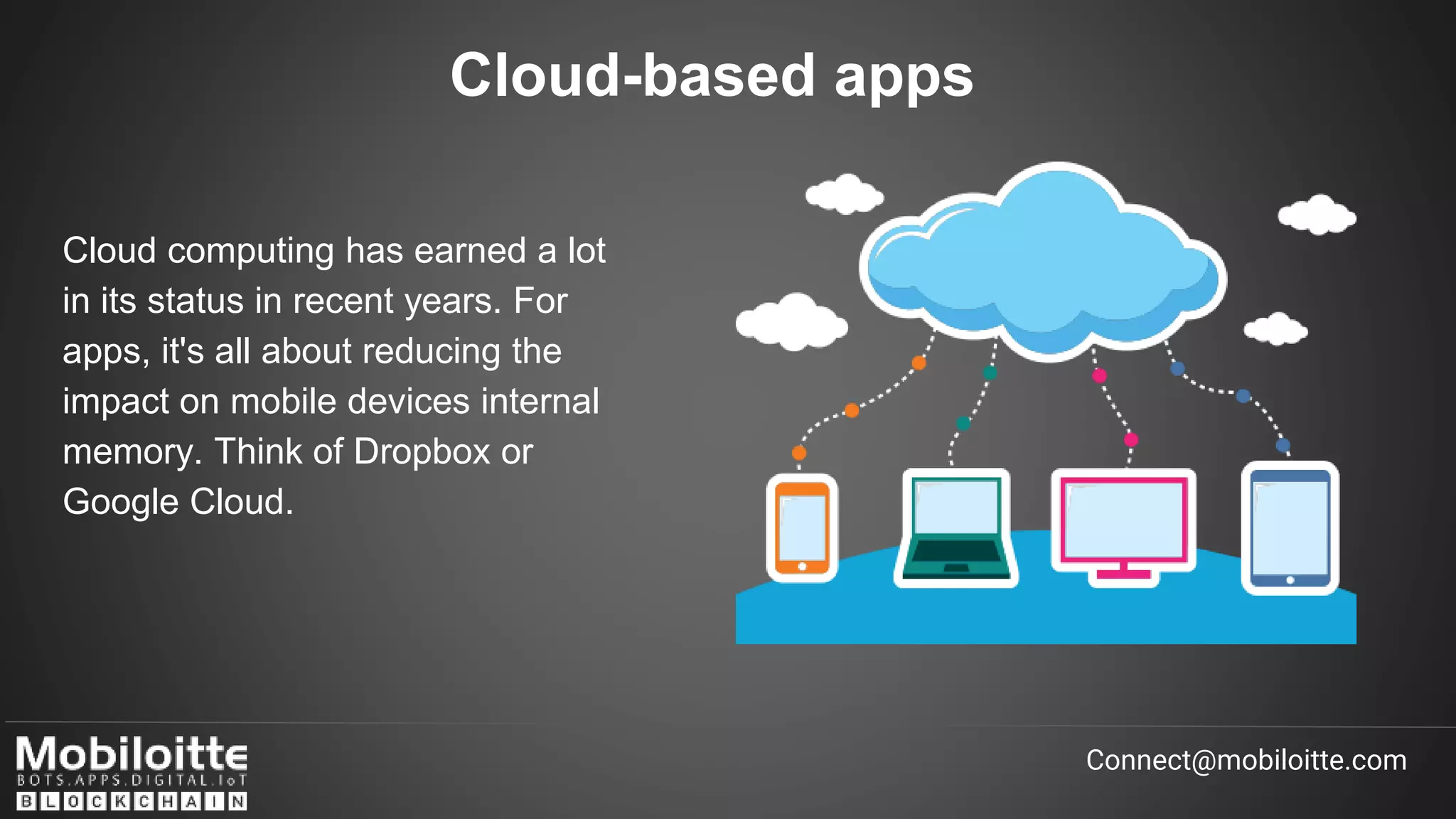 Cloud-based apps
Connect@mobiloitte.com
Cloud computing has earned a lot
in its status in recent years. For
apps, it's all about reducing the
impact on mobile devices internal
memory. Think of Dropbox or
Google Cloud.
 