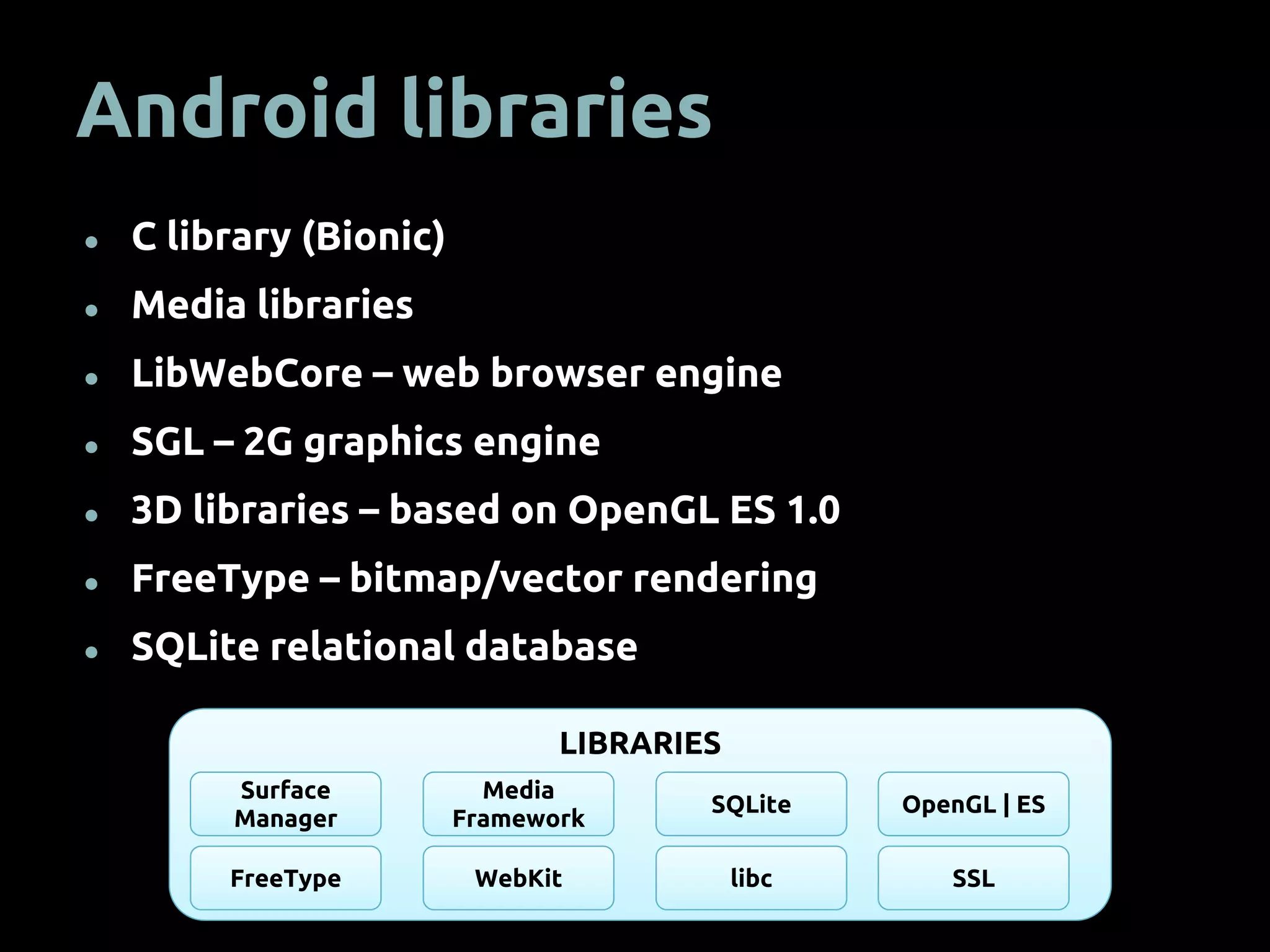 Android libraries
● C library (Bionic)
● Media libraries
● LibWebCore – web browser engine
● SGL – 2G graphics engine
● 3D libraries – based on OpenGL ES 1.0
● FreeType – bitmap/vector rendering
● SQLite relational database
LIBRARIES
Surface
Manager
Media
Framework
SQLite OpenGL | ES
FreeType WebKit libc SSL
 