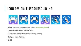 ICON DESIGN: FIRST OUTSOURCING
A few iterations on design and colors (work description)
15 Different sizes for iPhone/iPad
Outsourced via UpWork.com (formerly oDesk)
Designer from Malaysia
$100
 