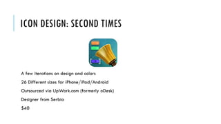 ICON DESIGN: SECOND TIMES
A few iterations on design and colors
26 Different sizes for iPhone/iPad/Android
Outsourced via UpWork.com (formerly oDesk)
Designer from Serbia
$40
 