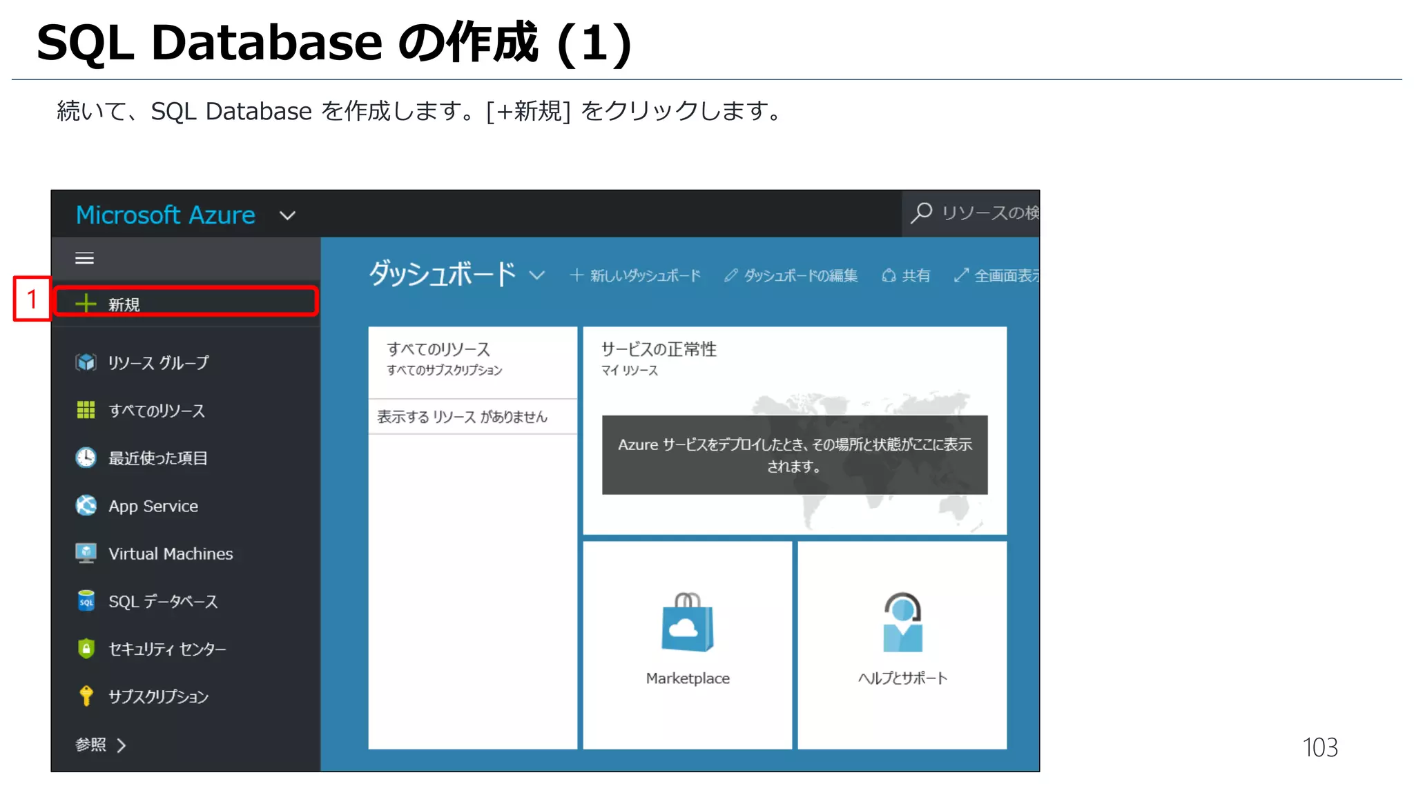 103
続いて、SQL Database を作成します。[+新規] をクリックします。
SQL Database の作成 (1)
1
 
