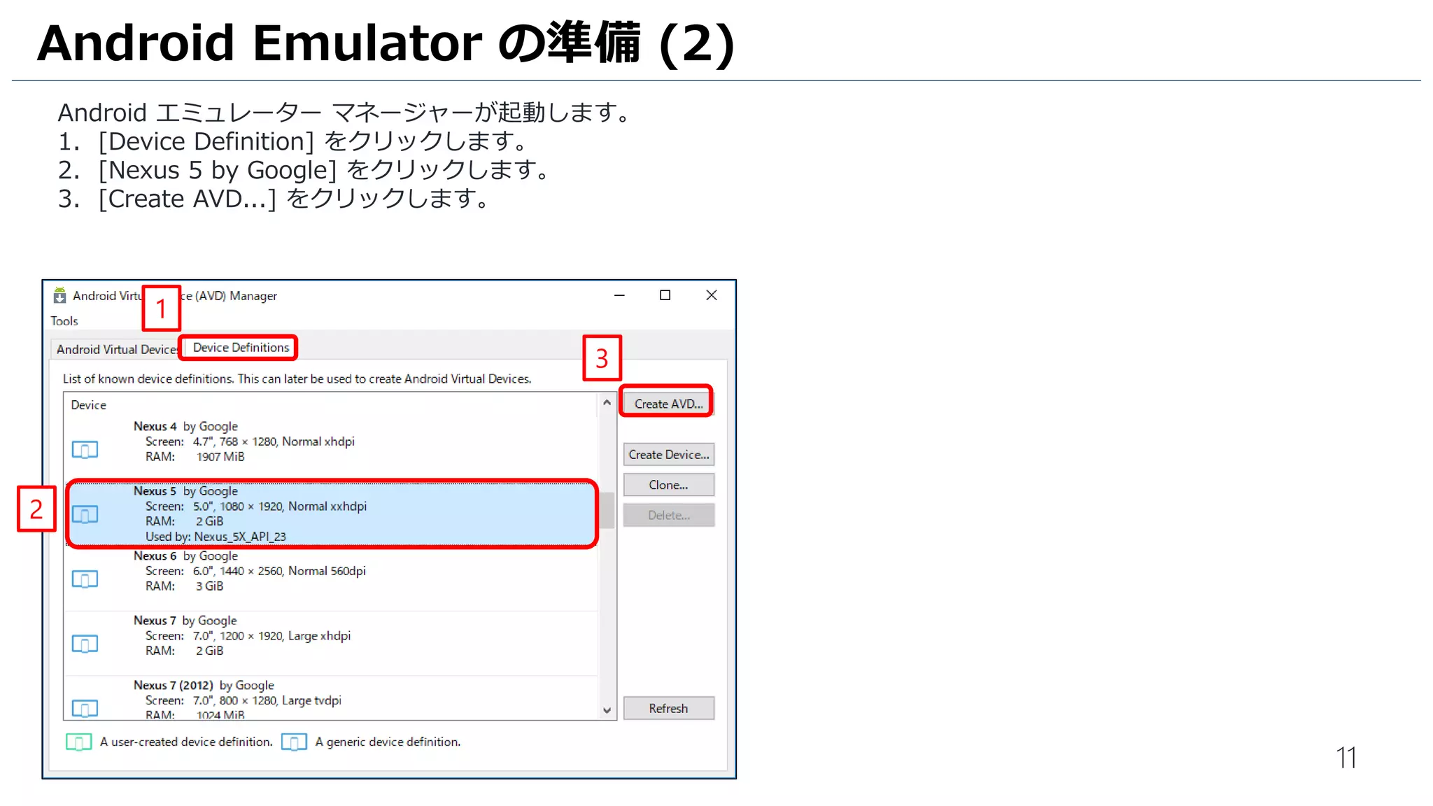 11
Android エミュレーター マネージャーが起動します。
1. [Device Definition] をクリックします。
2. [Nexus 5 by Google] をクリックします。
3. [Create AVD...] をクリックします。
Android Emulator の準備 (2)
2
1
3
 
