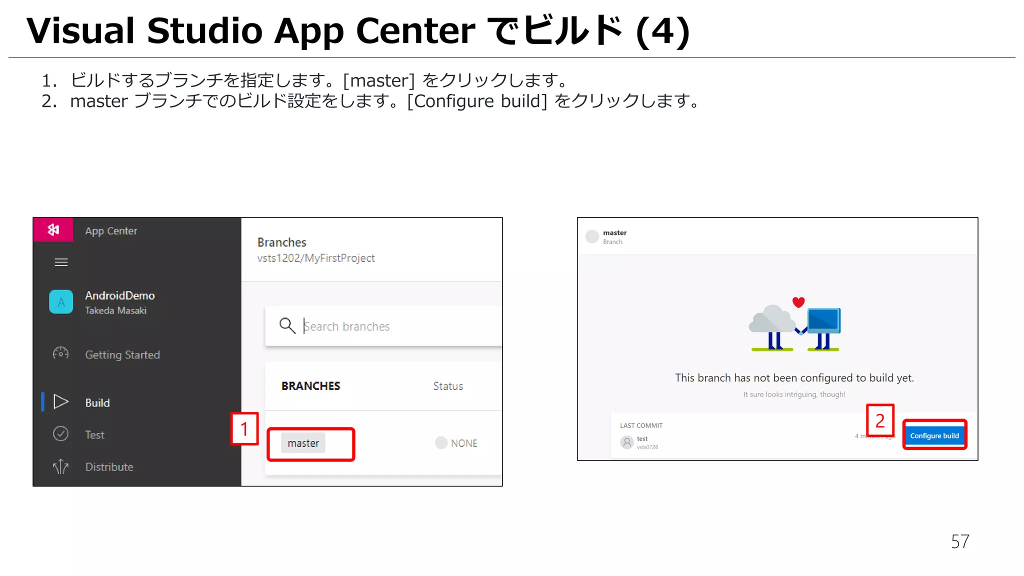 57
1. ビルドするブランチを指定します。[master] をクリックします。
2. master ブランチでのビルド設定をします。[Configure build] をクリックします。
Visual Studio App Center でビルド (4)
1 2
 