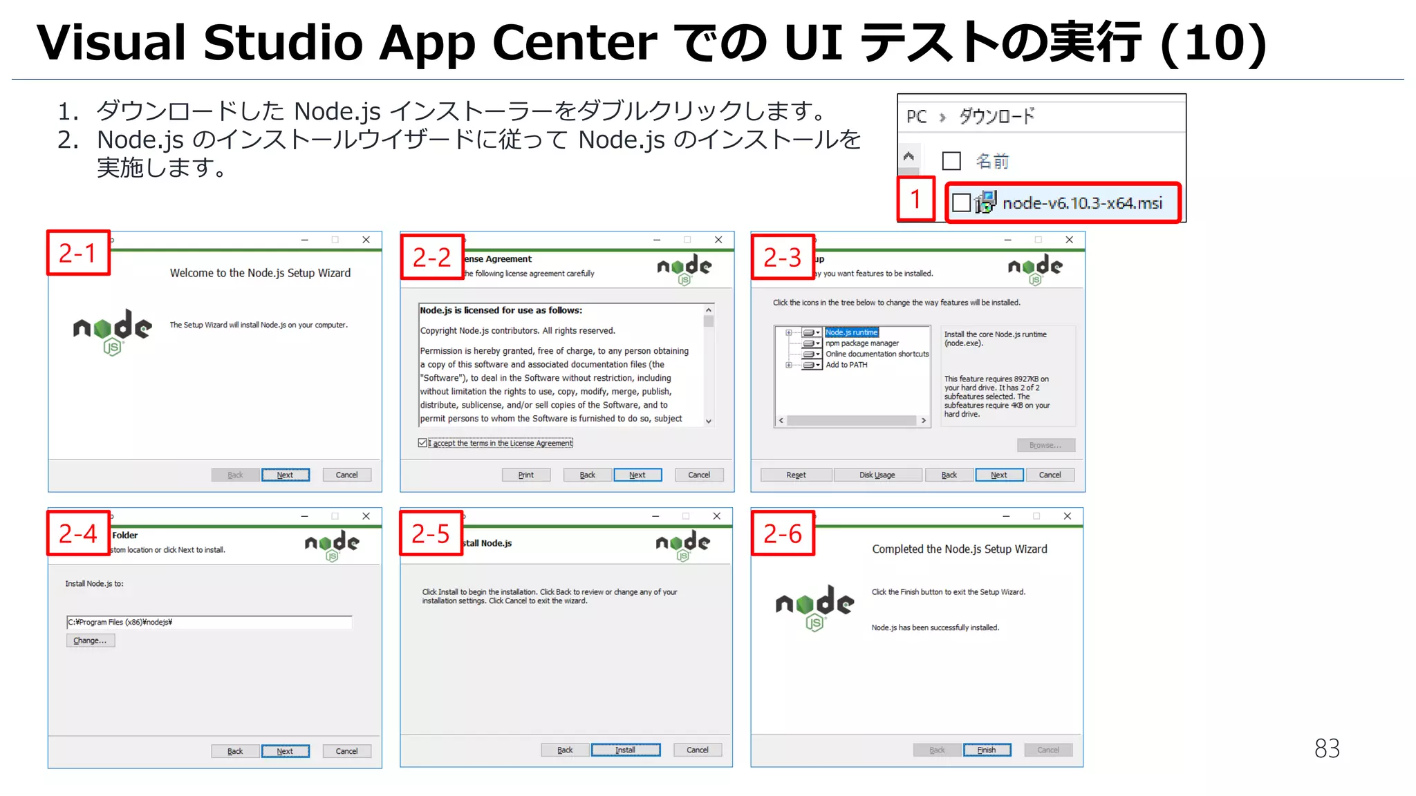 83
1. ダウンロードした Node.js インストーラーをダブルクリックします。
2. Node.js のインストールウイザードに従って Node.js のインストールを
実施します。
Visual Studio App Center での UI テストの実行 (10)
1
2-1 2-2 2-3
2-4 2-5 2-6
 