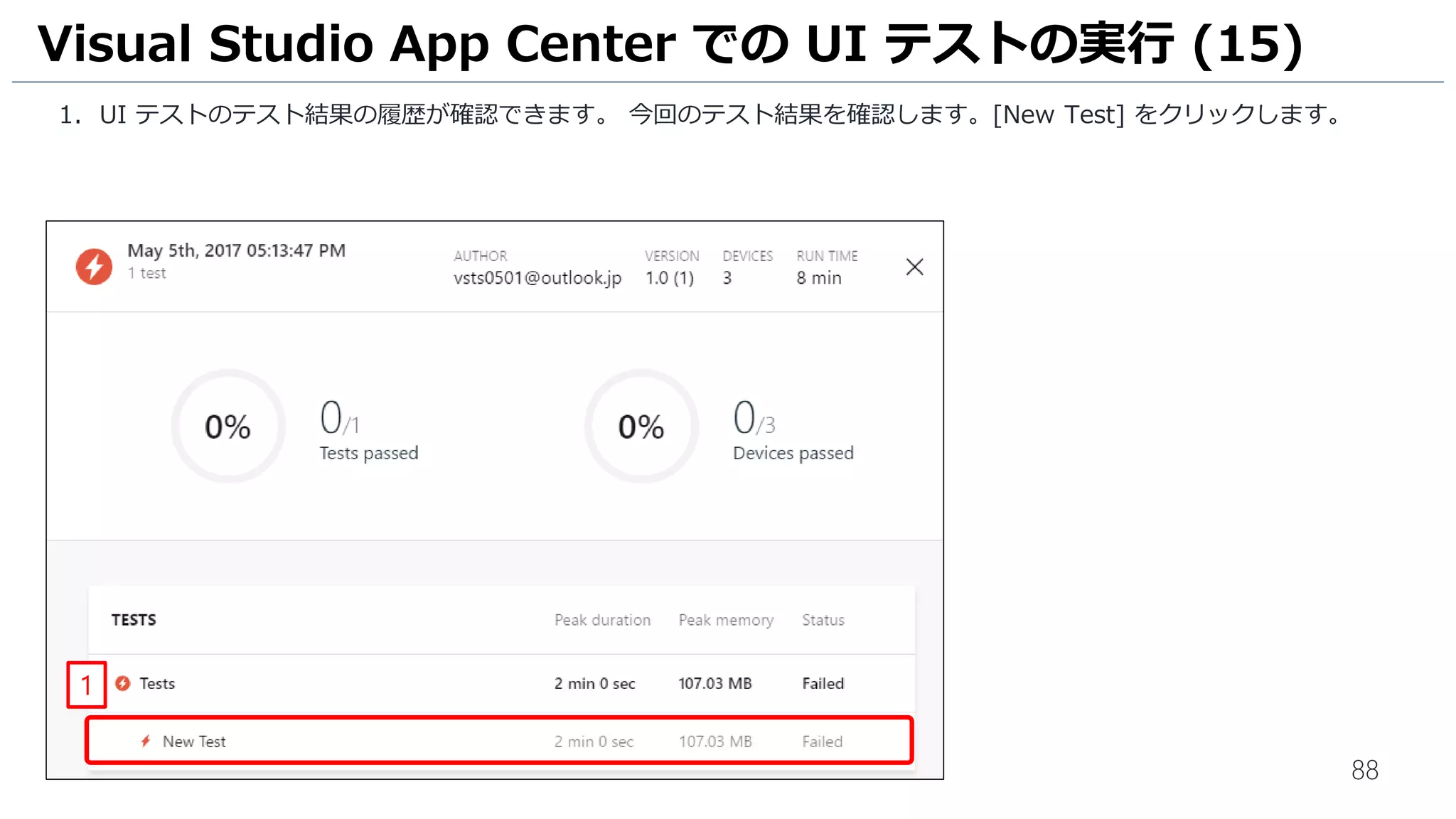 88
1. UI テストのテスト結果の履歴が確認できます。 今回のテスト結果を確認します。[New Test] をクリックします。
Visual Studio App Center での UI テストの実行 (15)
1
 