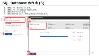 107
1. [価格レベル] をクリックします。
2. [価格レベル] は、[Basic] を選択します。
3. [選択] をクリックします。
4. [作成] をクリックして、SQL Database を作成します。
SQL Database の作成 (5)
1
4
3
2
 