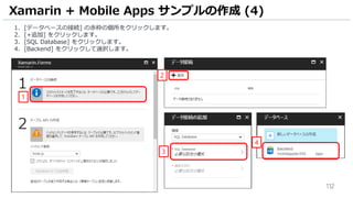 112
1. [データベースの接続] の赤枠の個所をクリックします。
2. [+追加] をクリックします。
3. [SQL Database] をクリックします。
4. [Backend] をクリックして選択します。
Xamarin + Mobile Apps サンプルの作成 (4)
1
2
3
4
 