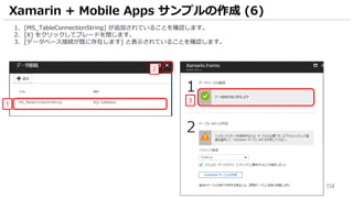114
1. [MS_TableConnectionString] が追加されていることを確認します。
2. [X] をクリックしてブレードを閉じます。
3. [データベース接続が既に存在します] と表示されていることを確認します。
Xamarin + Mobile Apps サンプルの作成 (6)
1
2
3
 