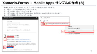 116
最後にモバイルアプリのサンプルプロジェクトをダウンロードします。
1. [新しいアプリの作成] をクリックします。
2. [ダウンロード] をクリックします。
3. [ダウンロード] フォルダにある [zip 形式のファイル] を右クリックします。
4. [すべて展開...] をクリックします。
Xamarin.Forms + Mobile Apps サンプルの作成 (8)
1
4
2
3
 
