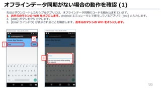 120
オフラインデータ同期がない場合の動作を確認 (1)
先ほどダウンロードしたサンプルアプリには、オフラインデータ同期のコードも組み込まれています。
1. お手元のマシンの Wifi をオフにします。Android エミュレータ上で実行しているアプリで [test] と入力します。
2. [Add] ボタンをクリックします。
3. [Error ウインドウ] が表示されることを確認します。お手元のマシンの Wifi をオンにします。
1
3
2
 