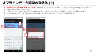 123
オフラインデータ同期の有効化 (3)
1. お手元のマシンの Wifi をオフにします。Android エミュレータ上で実行しているアプリで [Offline] と入力します。
2. [Add] ボタンをクリックします。
3. しばらくすると[Error ウインドウ] が表示されます。メッセージが先ほどと異なっていることを確認します。
4. ローカルのデータベース (SQLite) に [Offiline] の文字がストアされていることを確認します。
2
1
4
3
 