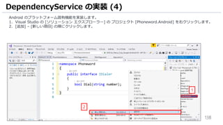 138
Android のプラットフォーム固有機能を実装します。
1. Visual Studio の [ソリューション エクスプローラー] の プロジェクト [Phoneword.Android] を右クリックします。
2. [追加] – [新しい項目] の順にクリックします。
DependencyService の実装 (4)
1
2
 