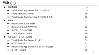 2
目次 (1)
 環境構築編 4
 Visual Studio App Center のアカウント作成 5
 Android Emulator の準備 10
 Visual Studio Team Services のアカウント作成 15
 開発編 22
 Visual Studio と Git の接続 23
 Xamarin.Android アプリ作成 26
 プロファイリングの実行 44
 ソースコードのコミット 49
 自動ビルド・テスト・配布編 53
 Visual Studio App Center でビルド 54
 UI テストの作成 61
 Visual Studio App Center での UI テストの実行 74
 ユーザーへの配布 92
 