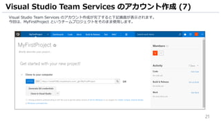 21
Visual Studio Team Services のアカウント作成が完了すると下記画面が表示されます。
今回は、MyFirstProject というチームプロジェクトをそのまま使用します。
Visual Studio Team Services のアカウント作成 (7)
 