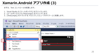 28
まずは、Text コントロールを配置します。
1. Visual Studio の [ツールボックス] をクリックします。
2. [ツールボックス] の [Text(Large)] をクリックします。
3. [Text(Large)] をドラッグ & ドロップしてビューデザイナー上に配置します。
Xamarin.Android アプリ作成 (3)
31
2
 