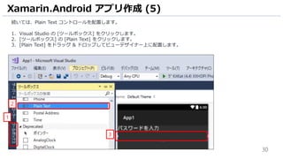 30
続いては、Plain Text コントロールを配置します。
1. Visual Studio の [ツールボックス] をクリックします。
2. [ツールボックス] の [Plain Text] をクリックします。
3. [Plain Text] をドラッグ & ドロップしてビューデザイナー上に配置します。
Xamarin.Android アプリ作成 (5)
3
1
2
 