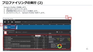 45
Xamarin Profiler が起動します。
1. [割り当て] をクリックします。
2. 詳細情報が表示されていることを確認します。
3. [X] をクリックして、 Xamarin Profiler を終了します。
プロファイリングの実行 (2)
1
2
3
 