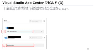 56
1. チームプロジェクトを選択します。 [MyFirstProject] をクリックします。
2. 連携する Git リポジトリのリストが表示されます。[MyFirstProject] をクリックします。
Visual Studio App Center でビルド (3)
1
2
 
