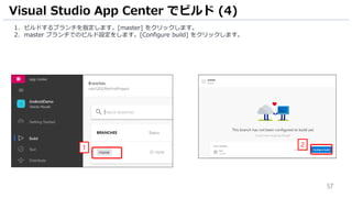 57
1. ビルドするブランチを指定します。[master] をクリックします。
2. master ブランチでのビルド設定をします。[Configure build] をクリックします。
Visual Studio App Center でビルド (4)
1 2
 