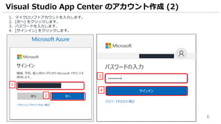 6
1. マイクロソフトアカウントを入力します。
2. [次へ] をクリックします。
3. パスワードを入力します。
4. [サインイン] をクリックします。
Visual Studio App Center のアカウント作成 (2)
1
3
4
2
 