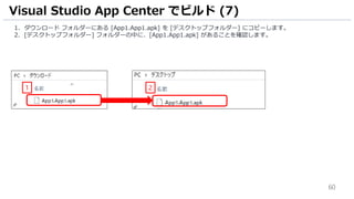 60
1. ダウンロード フォルダーにある [App1.App1.apk] を [デスクトップフォルダー] にコピーします。
2. [デスクトップフォルダー] フォルダーの中に、[App1.App1.apk] があることを確認します。
Visual Studio App Center でビルド (7)
1 2
 