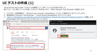 61
Visual Studio App Center でのビルド成果物として APK ファイルが生成されました。
続いては、この APK ファイルを使ってUIテストを作成します。今回は Xamarin Test Recorder を使用します。
1. ブラウザーの検索画面で、[Xamarin test recorder marketplace] と入力して検索ボタンをクリックします。
2. 検索結果の [Xamarin Test Recorder – Visual Studio Marketplace] をクリックします。
3. https://marketplace.visualstudio.com/items?itemName=XamarinInc.XamarinTestRecorder2015 に移動します。
[Download] ボタンをクリックしてダウンロードします。
UI テストの作成 (1)
2
3
1
 