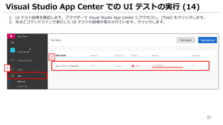 87
1. UI テスト結果を確認します。ブラウザーで Visual Studio App Center にアクセスし、[Test] をクリックします。
2. 先ほどコマンドラインで実行した UI テストの結果が表示されています。クリックします。
Visual Studio App Center での UI テストの実行 (14)
1
2
 