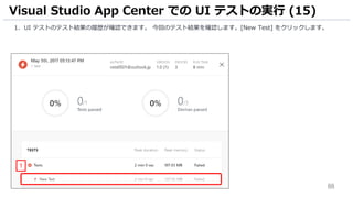 88
1. UI テストのテスト結果の履歴が確認できます。 今回のテスト結果を確認します。[New Test] をクリックします。
Visual Studio App Center での UI テストの実行 (15)
1
 