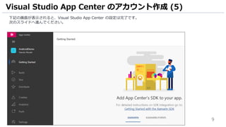 9
下記の画面が表示されると、Visual Studio App Center の設定は完了です。
次のスライドへ進んでください。
Visual Studio App Center のアカウント作成 (5)
 