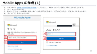 97
1. ブラウザーで https://portal.azure.com にアクセスし、Azure ログイン可能なアカウントを入力します。
2. [次へ] をクリックします。
3. 入力したアカウントの種類によりリダイレクト先がかわります。リダイレクト先で、パスワードを入力します。
4. [サインイン] をクリックします。
Mobile Apps の作成 (1)
1
2
3
4
 