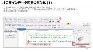 121
オフラインデータ同期の有効化 (1)
1. Visual Studio で [デバック実行の停止ボタン] をクリックします。
2. [ソリューション エクスプローラー] で [ToDoActivity.cs] をダブルクリックしてファイルを開きます。
3. 8行目のコメントを解除します。
1
3
2
 